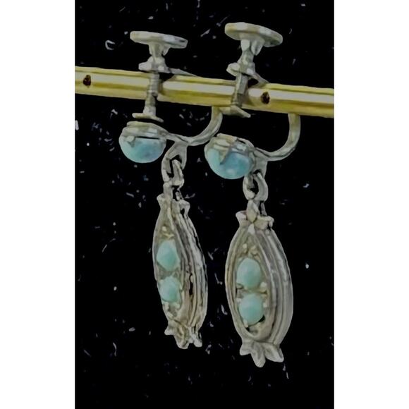 Turquoise Screwback Earring Set Vintage Dangle Silver Plated Southwestern Retro - Picture 10 of 12